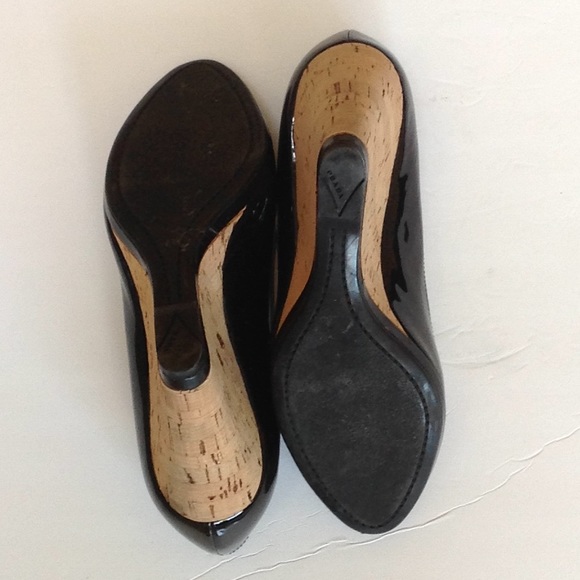 Prada Peep Toe Patent Leather Cork Wedge Pump - Picture 7 of 8